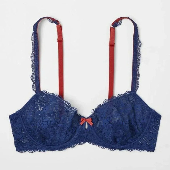 34A Gilligan O'Malley Unlined Semi Sheer Lace Balconette UW Bra Nighttime Blue - Picture 2 of 8